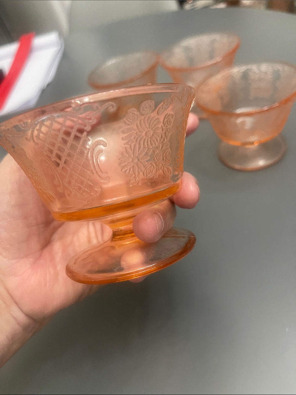 Vtg Pink Depression Glass Sherbet Cups Normandie Bouquet Lattice Set of 6 - Picture 4 of 8
